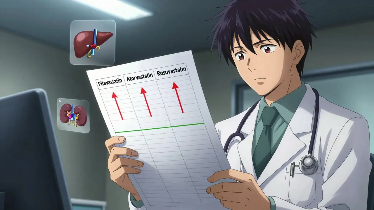 Cardiologist analyzing medical chart showing pitavastatin with stable glucose levels compared to rising levels of other statins.
