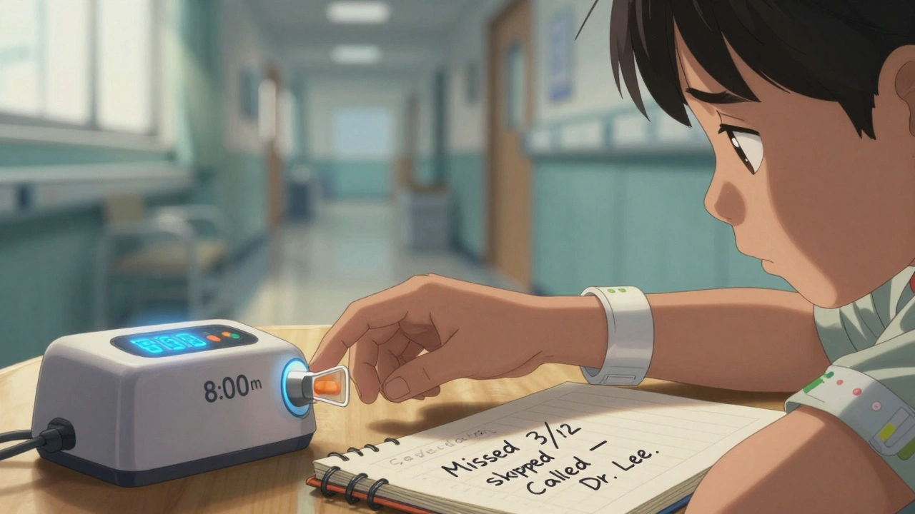 Child reaching for smart pill dispenser at 8 AM, hospital bracelet visible, notebook with missed dose notes open beside them.