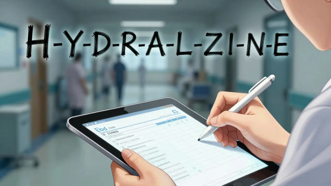 Close-up of nurse transcribing verbal order with phonetic drug spelling glowing in air, hospital blurred behind.