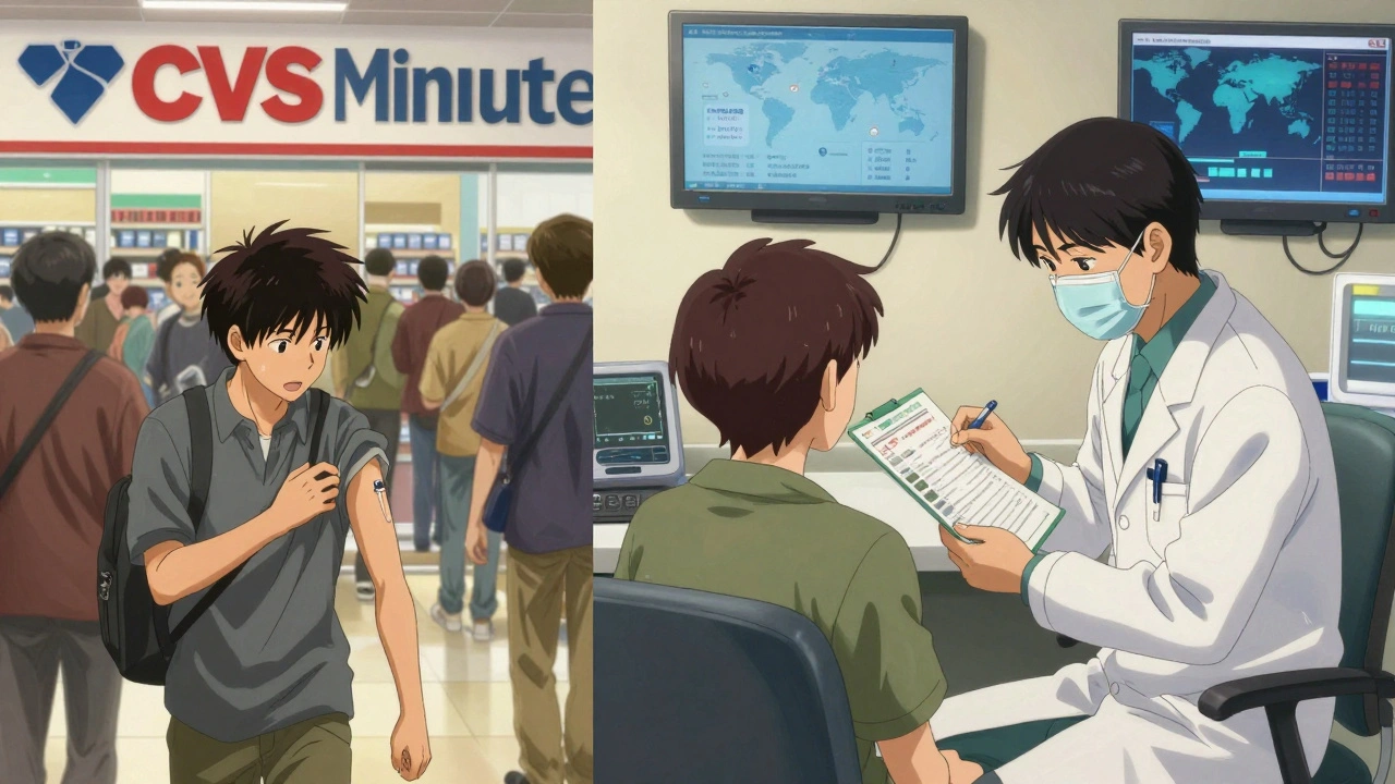 Contrasting travel clinic settings: busy retail clinic vs. detailed private clinic with medical charts and alerts.