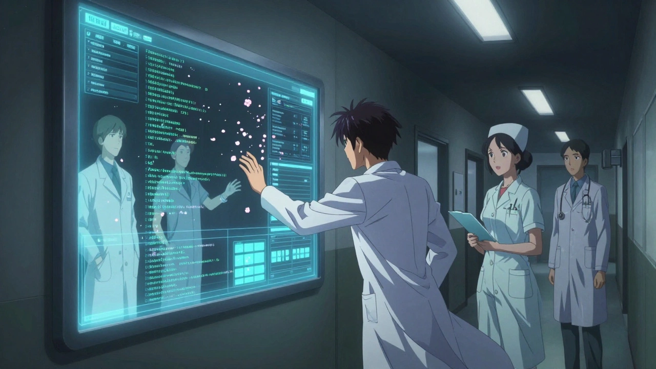 Digital health icons and team members overlay an EHR screen, fixing medication errors together.