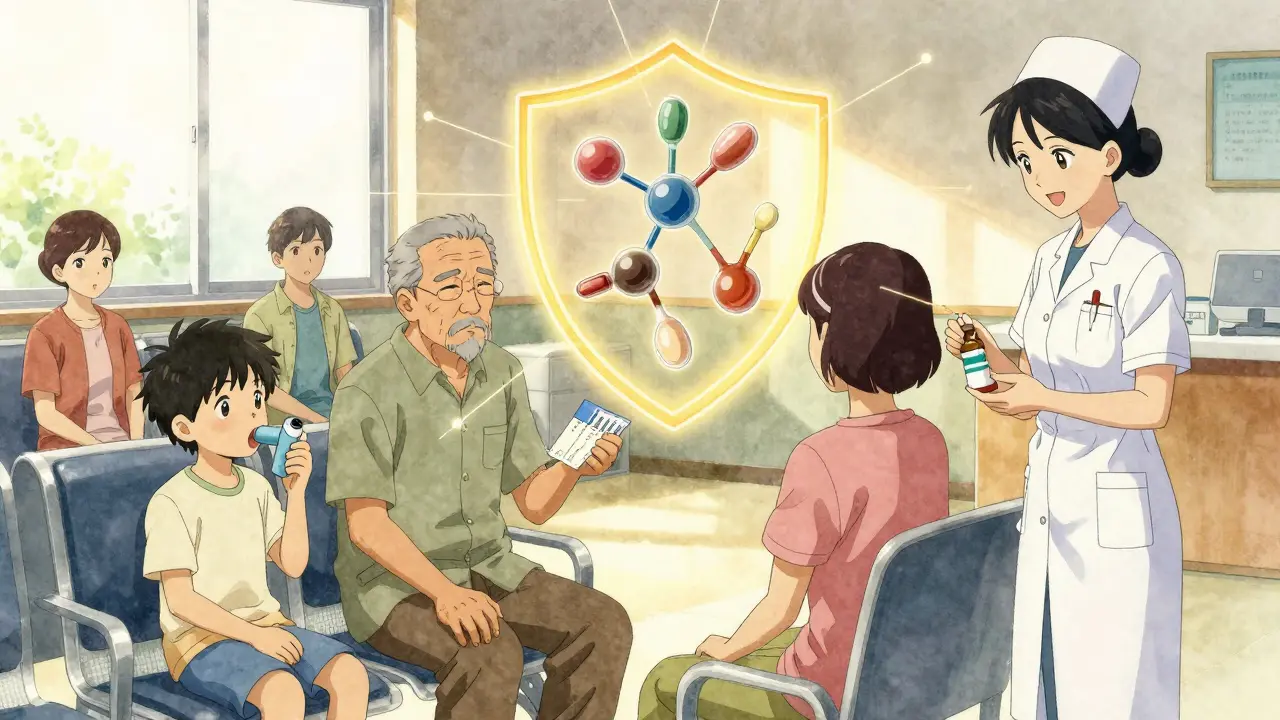 Diverse patients in clinic receiving generic antibiotic combos, golden light, molecular shield symbol.