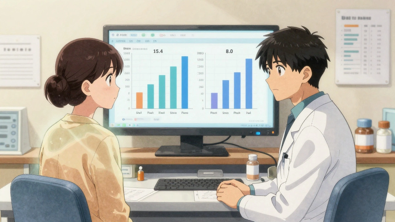 Doctor and patient viewing side-by-side symptom graphs on a screen in a clinic.