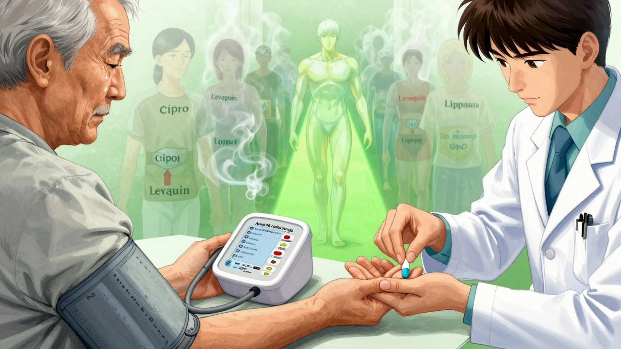 Elderly man receiving hydrochlorothiazide from allergist, past risky antibiotics fading away as he gains health.