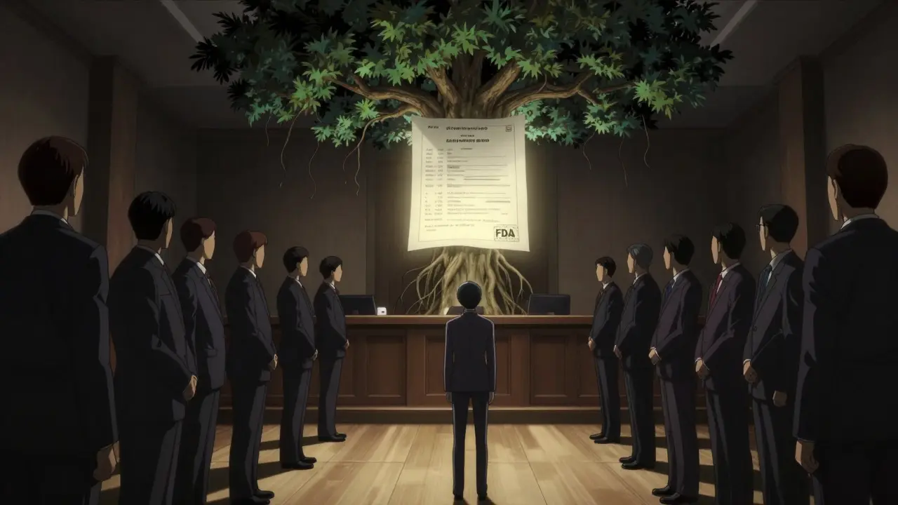 Generic drug CEO surrounded by corporate lawyers under a massive patent tree overshadowing FDA approval.