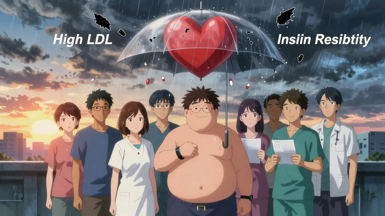 Group of prediabetic patients under a heart-shaped umbrella as pitavastatin tablets fall like gentle rain, storm clouds breaking above.