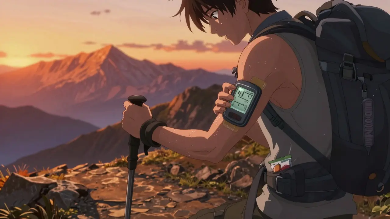 Hiker on mountain trail with CGM sensor visible on arm and fruit leathers in pocket.