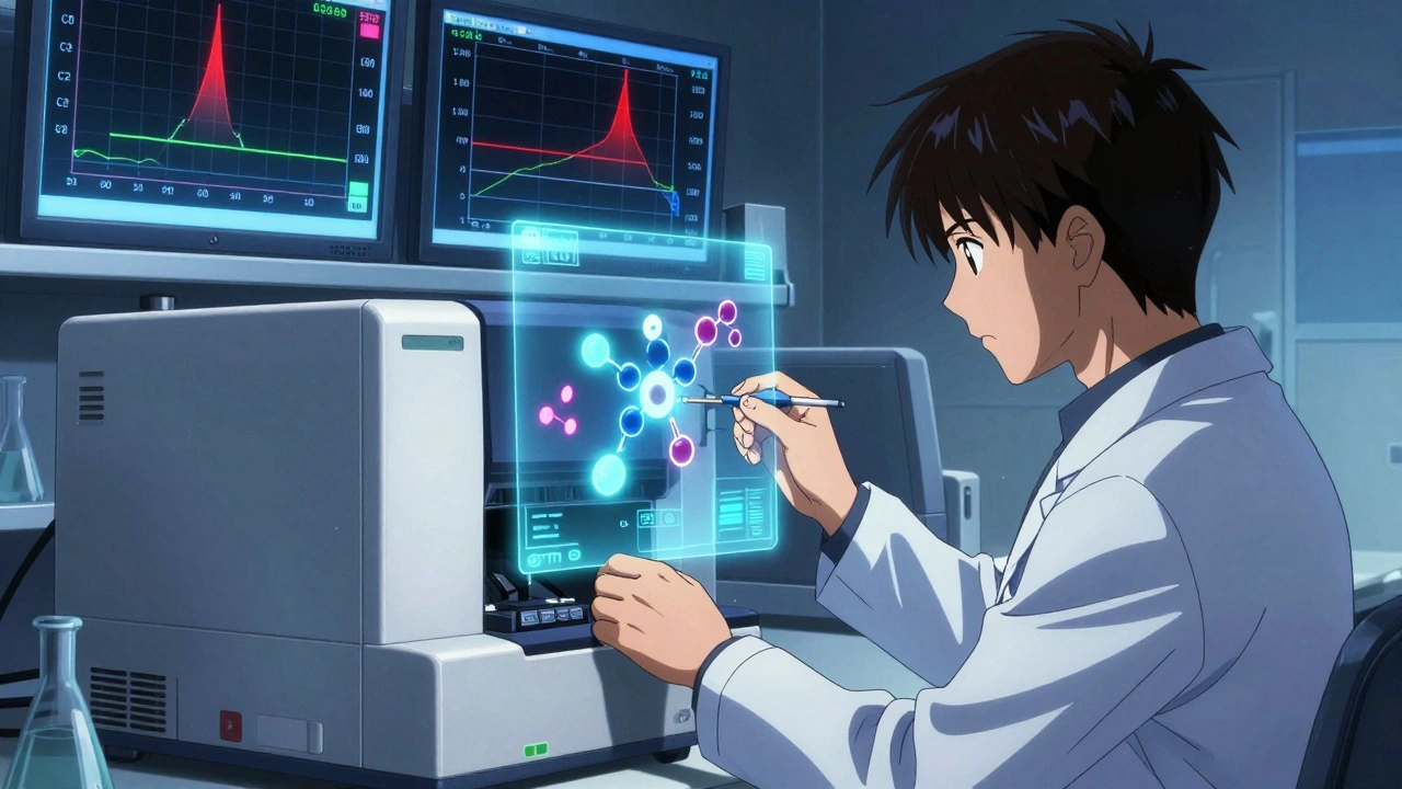 Lab technician analyzing cyclosporine levels with LC-MS/MS machine, holographic metabolite data displayed.
