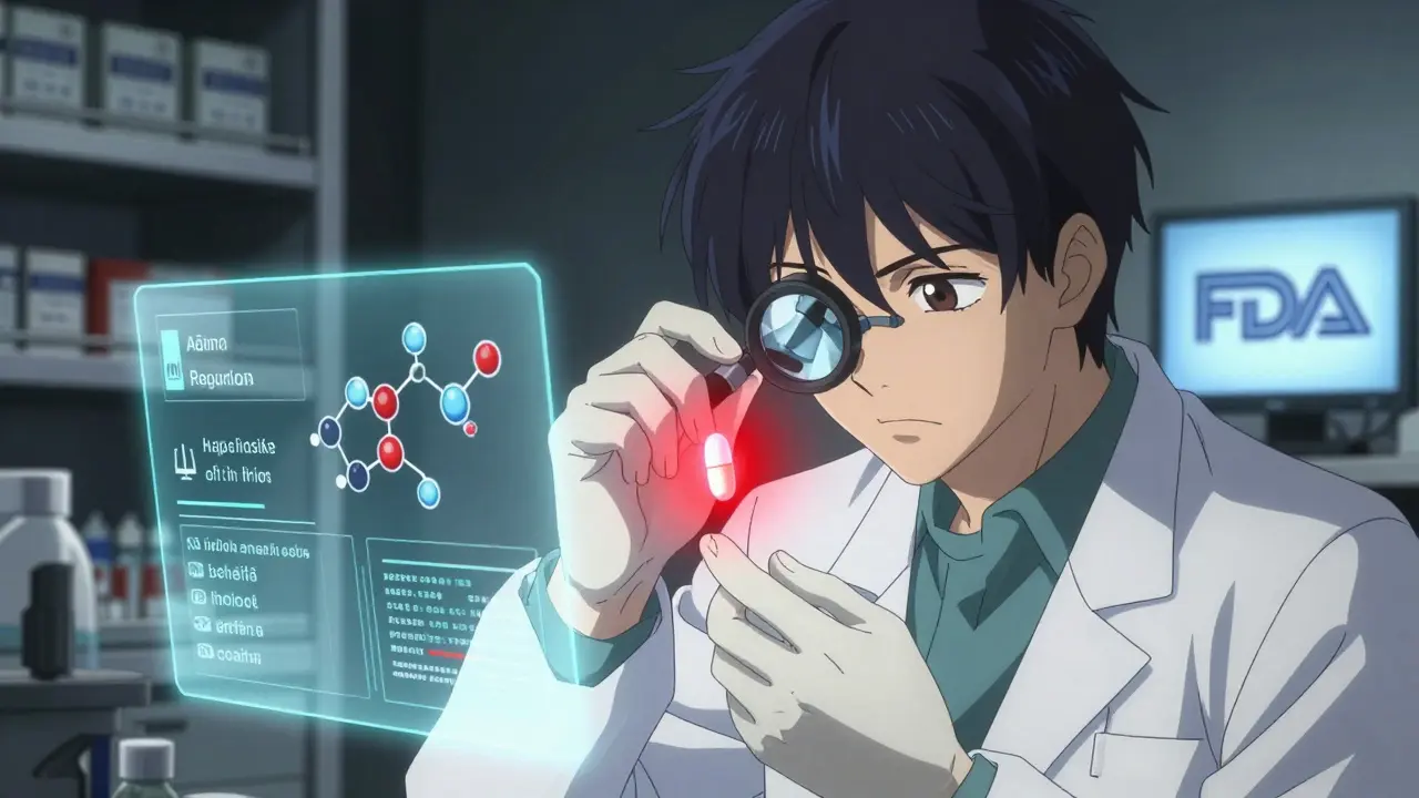 Lab technician examining a pill under a lens, surrounded by digital compliance data.