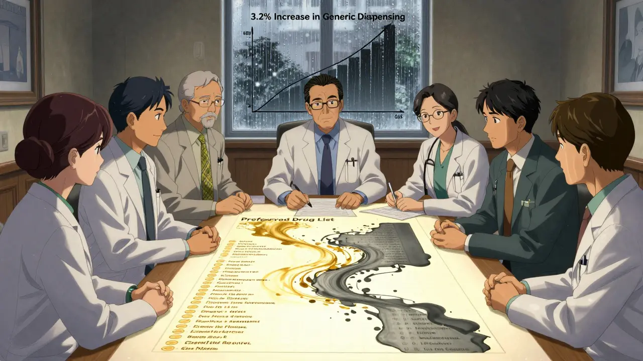 Medical experts reviewing a glowing Preferred Drug List with generic drugs highlighted in gold.