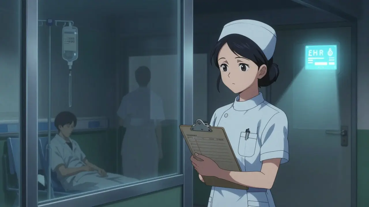 Nurse stands alone at night, reflection showing past errors dissolving as she prepares to document order.