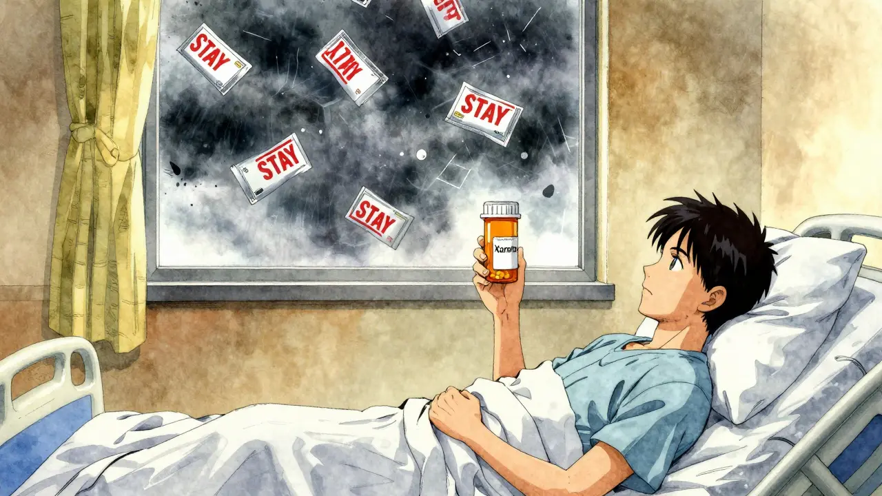 Patient in hospital bed watching generic drug packages drift away marked with 'STAY' stamps in stormy sky.