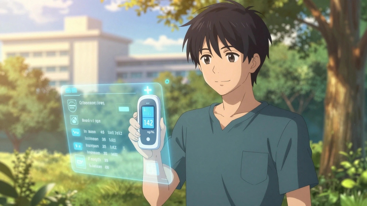 Patient using portable device to check cyclosporine level in a park, AI interface floating nearby.