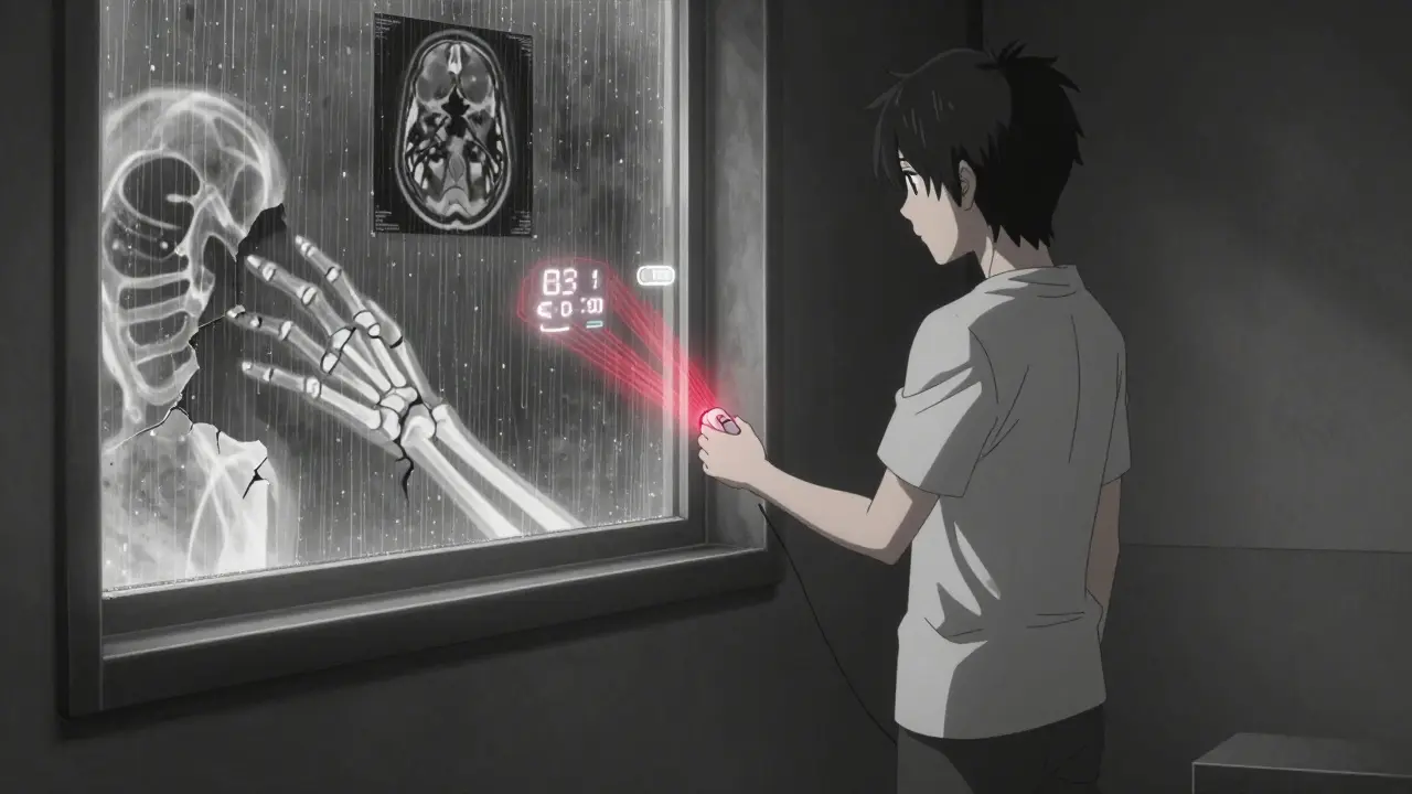 Patient with wearable tracker and ghostly bone erosion images in dim room.