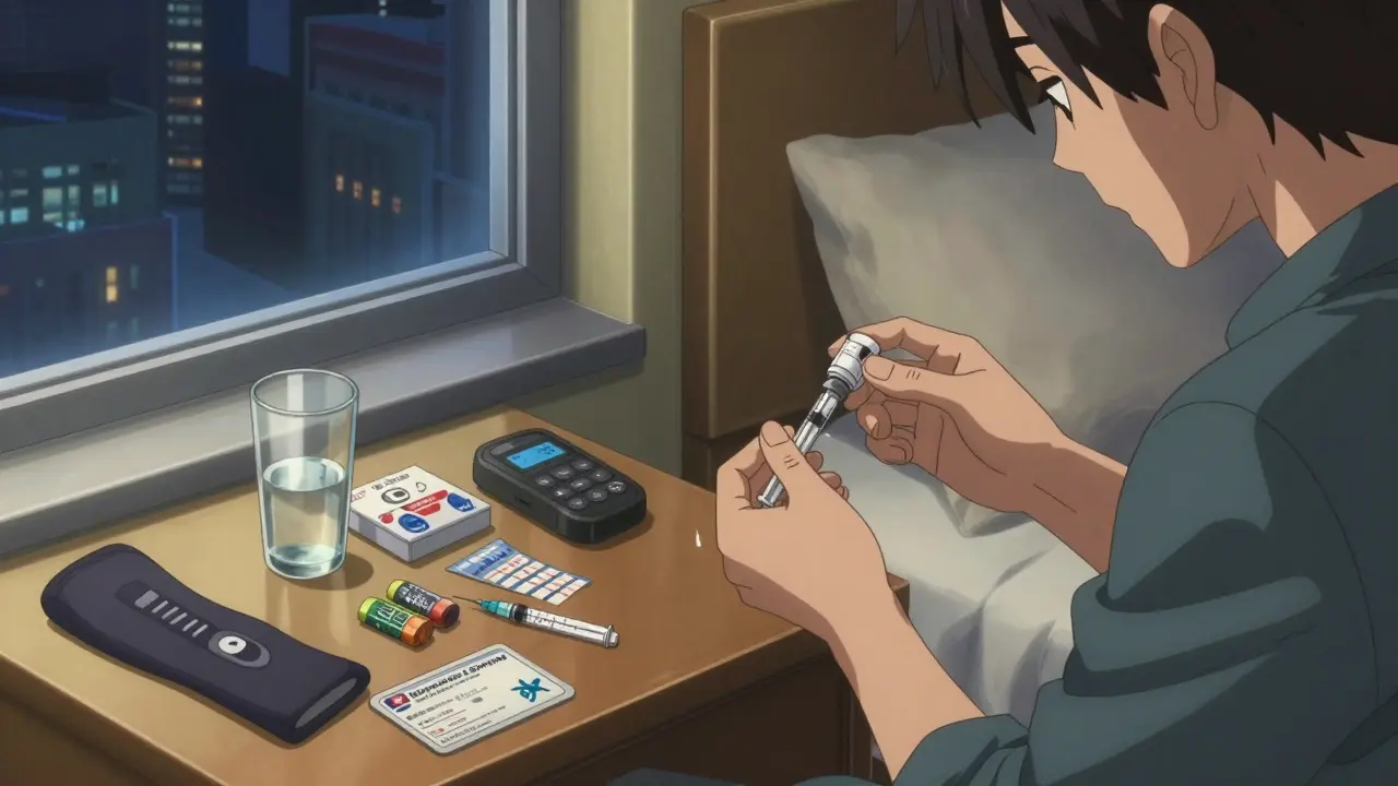 Person injecting insulin at night in hotel room with backup diabetes supplies on table.