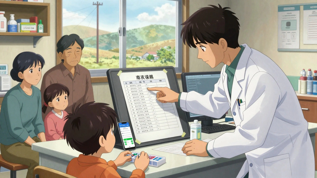 Pharmacist explaining medication schedule to rural family, color-coded chart and smartphone displaying safety app on desk.