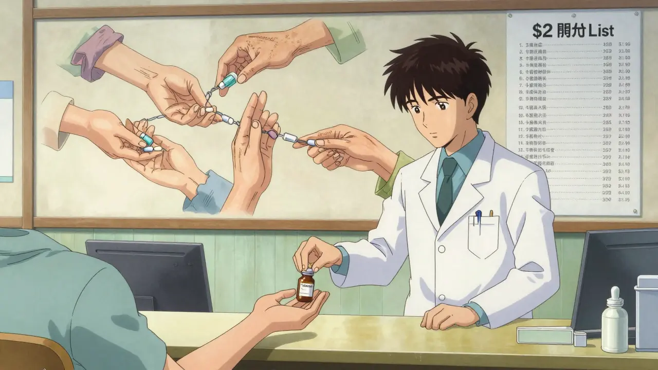 Pharmacist handing a  generic pill to a patient as a mural shows the history of generic drug policy.