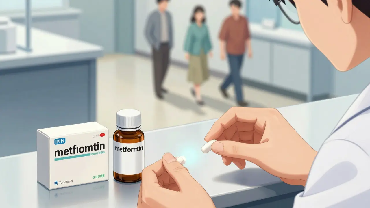 Pharmacist placing generic pill bottle beside branded box, highlighting 'metformin' label with patient shadows in background.