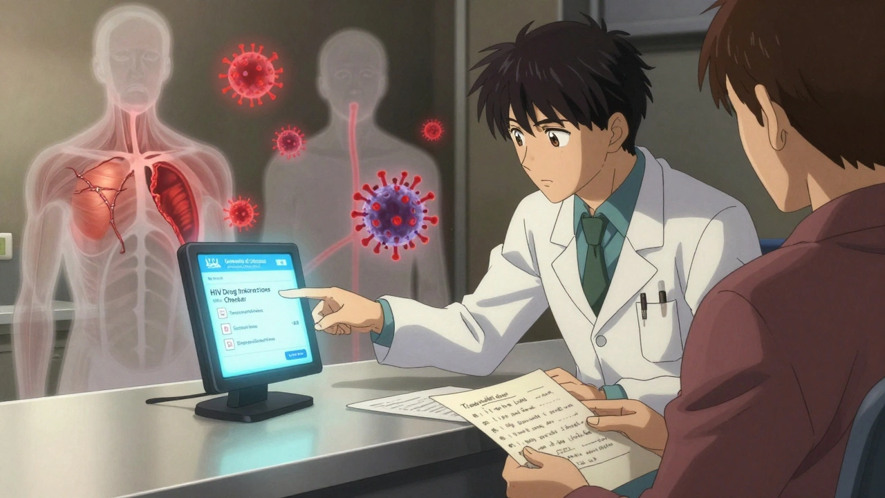 Pharmacist showing a patient an interactive drug interaction checker on a screen.