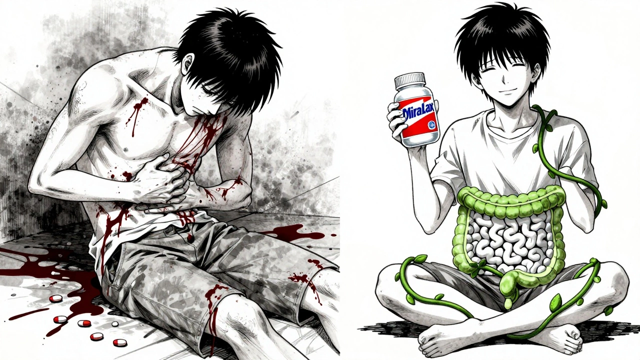 Split image: one side shows pain from stimulant laxatives, the other shows peace with PEG and healthy gut vines.