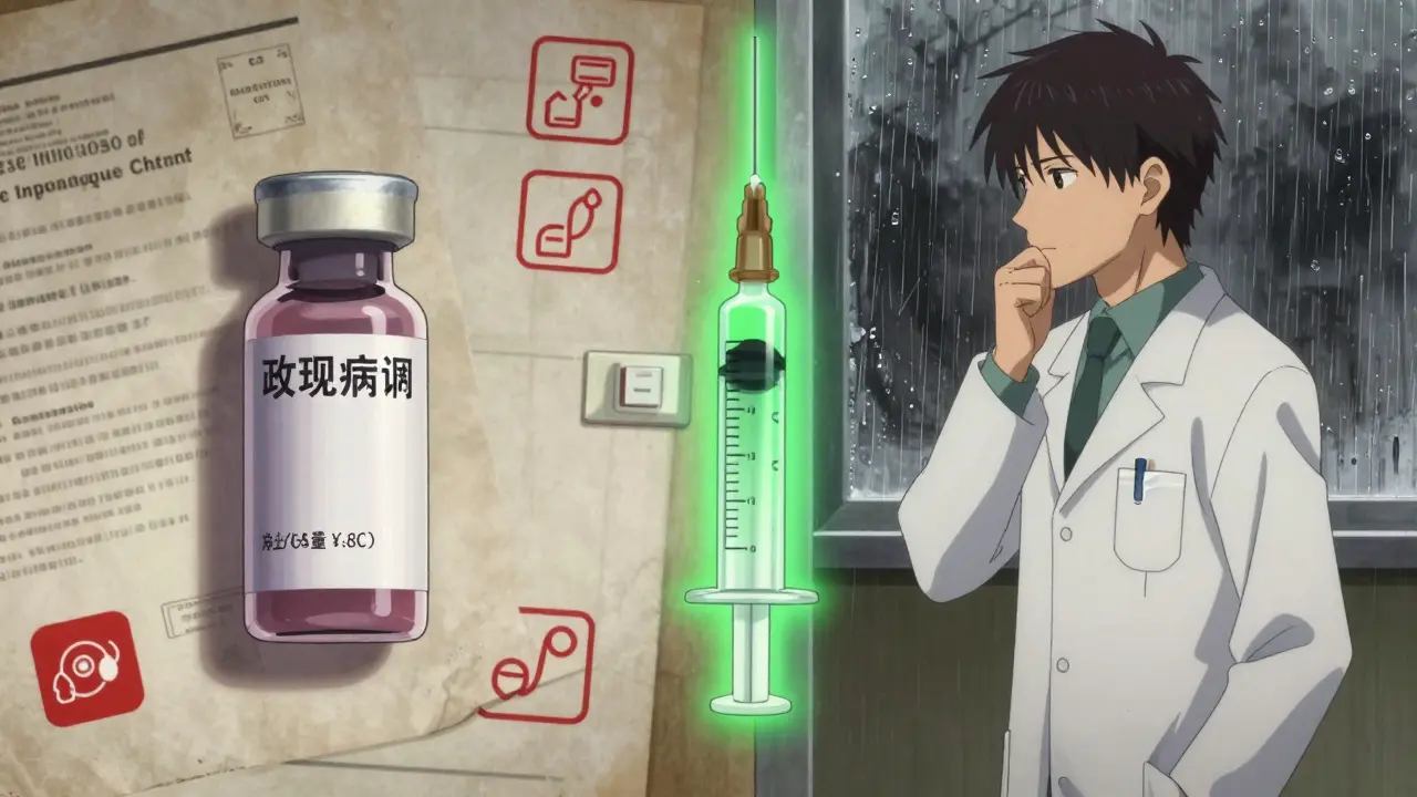 Split scene: branded antibiotic device vs generic version, pharmacist hesitating between them.