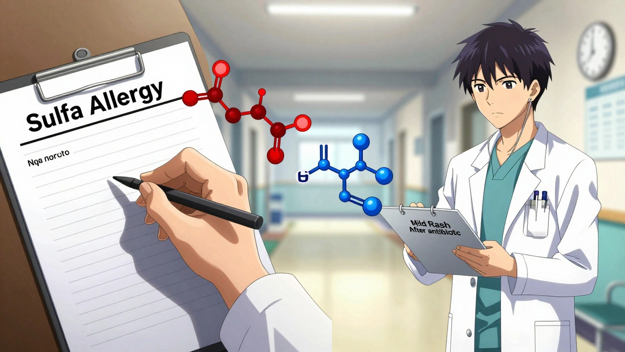 Split scene: doctor correcting &#039;sulfa allergy&#039; label while chemical structures show difference between harmful and safe sulfonamides.