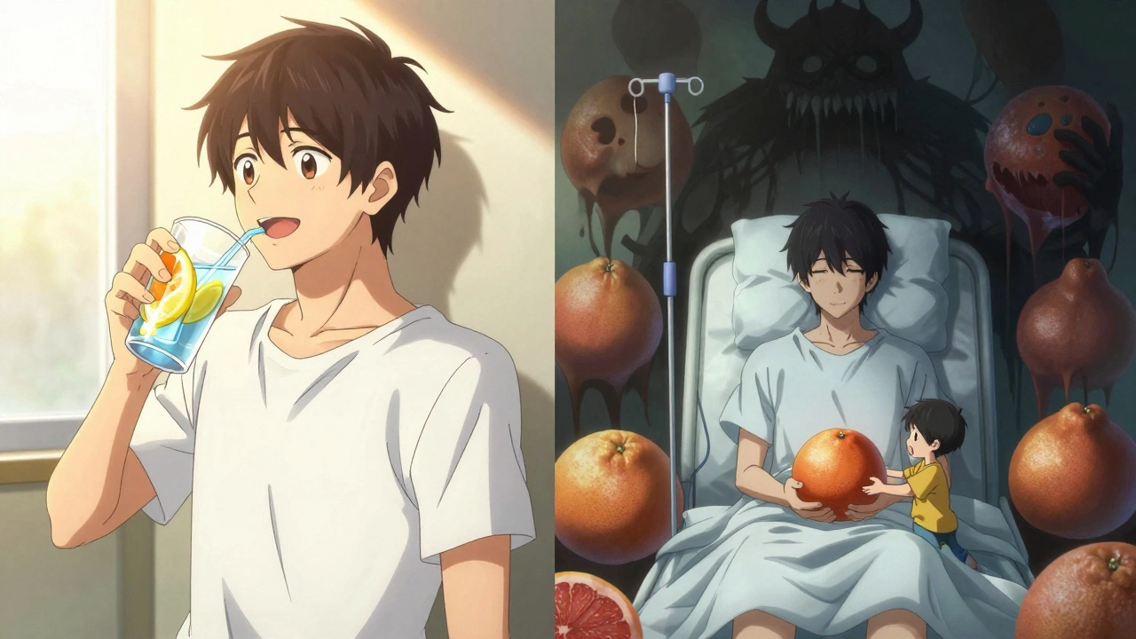 Split scene: healthy person enjoying safe citrus vs. same person in hospital surrounded by threatening grapefruit shadows.
