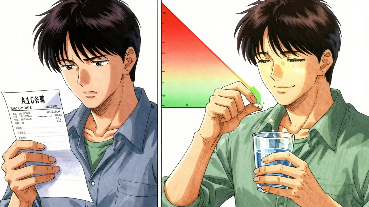 Split scene: man stressed over expensive prescription vs. smiling with affordable generic pill.