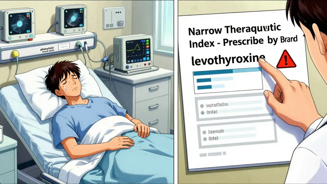 Split scene: patient having seizure vs. sleeping peacefully, with caution icon and prescription for levothyroxine.