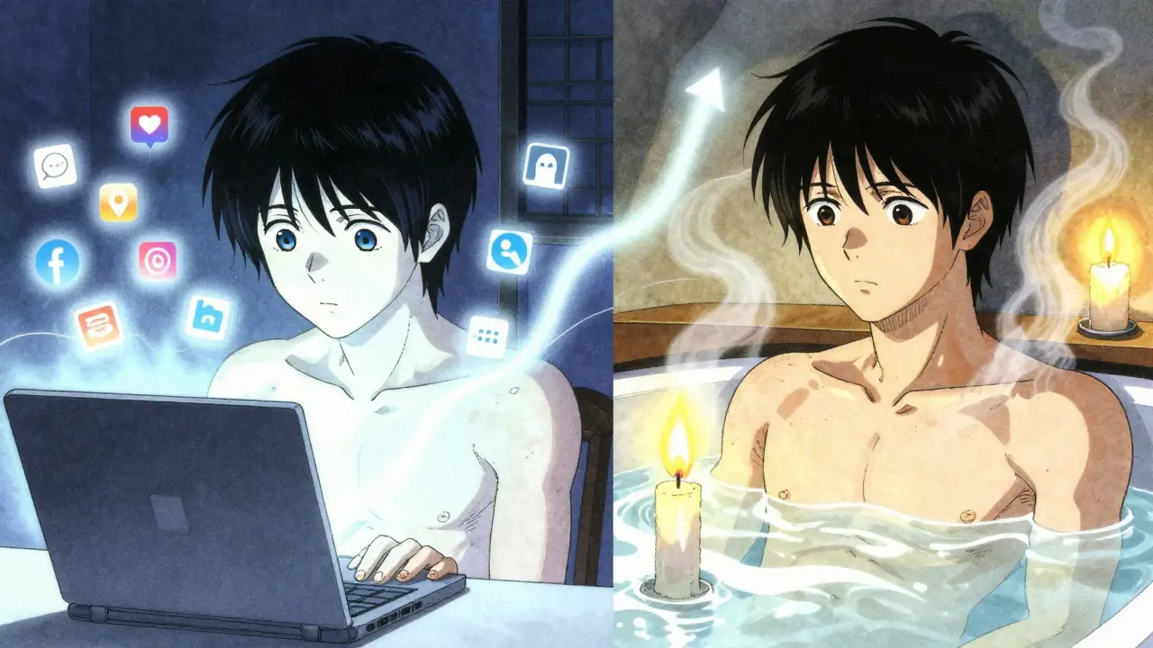Split scene: person staring at a bright screen vs. same person relaxing in a warm bath, with melatonin rising as glowing particles.