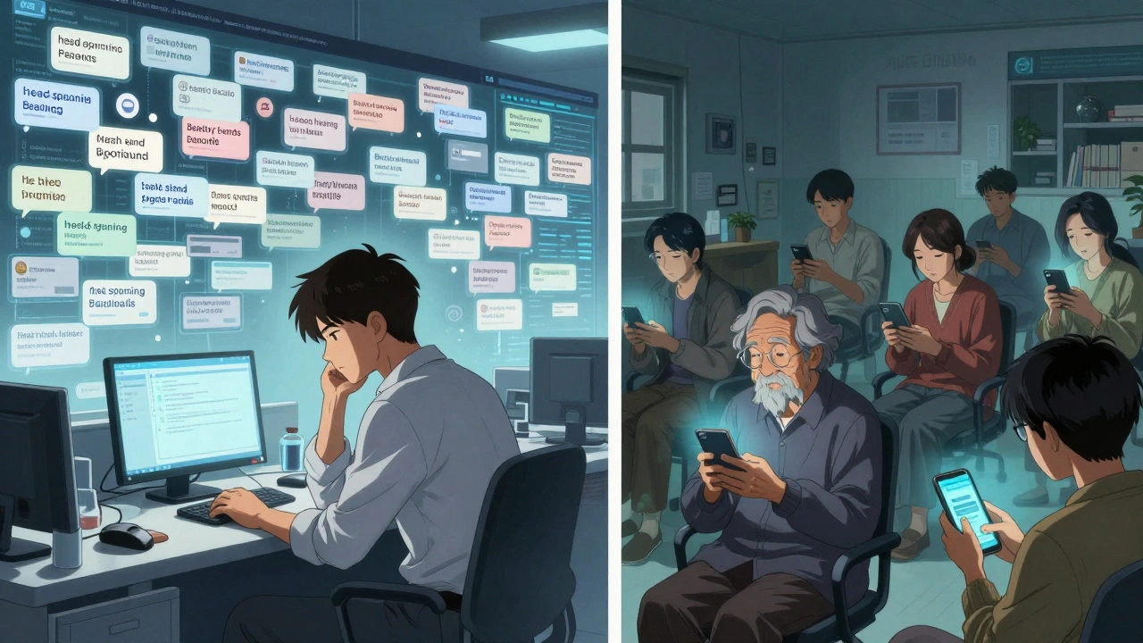 Split scene showing an analyst monitoring AI alerts alongside real patients posting online, illuminated by screen glow.