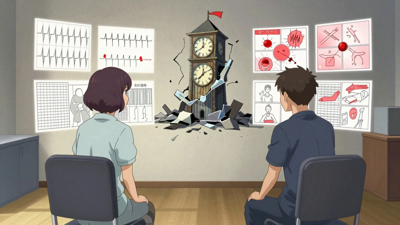 Therapist and patient in a quiet room, with visual representations of sleep therapy techniques floating around them like manga panels.