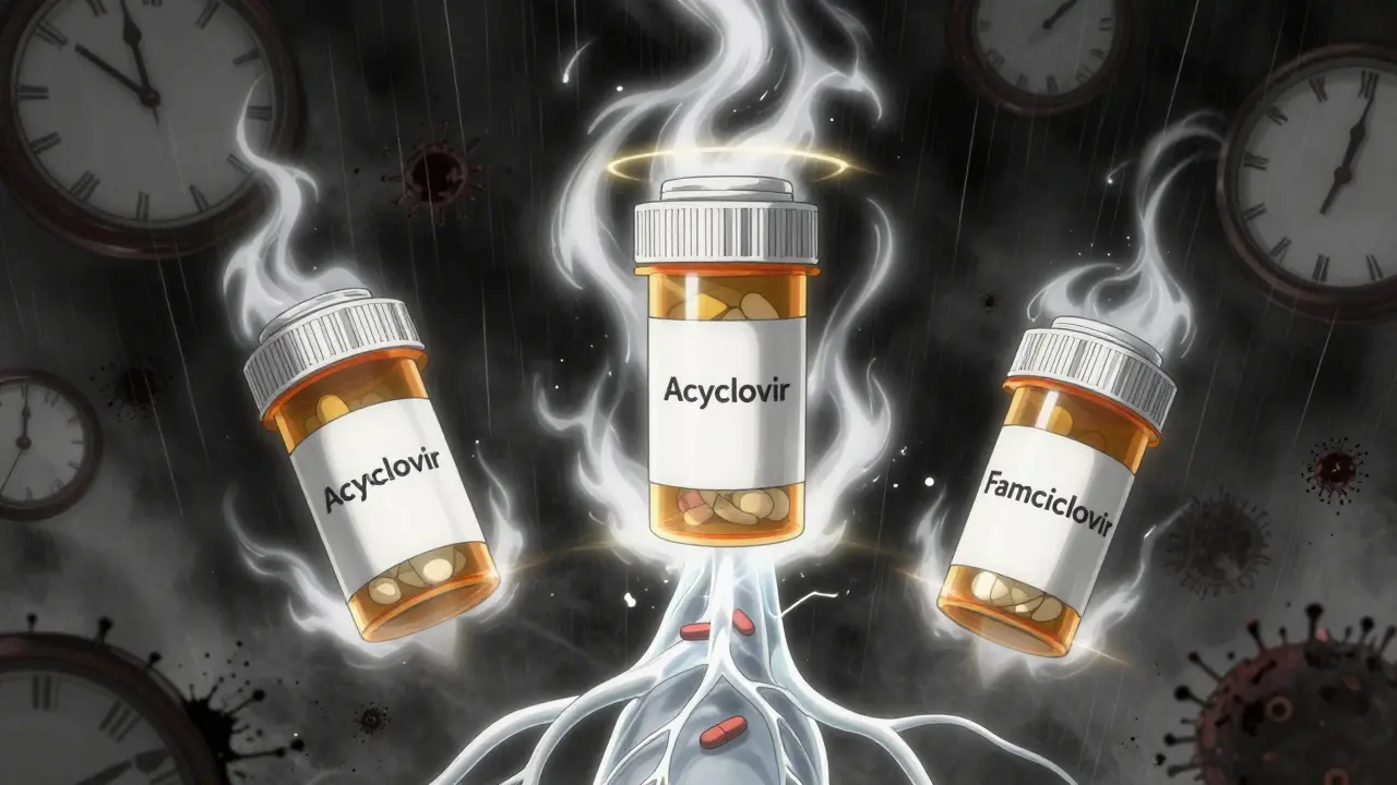Three antiviral medication bottles float with glowing pills above a pulsing nerve pathway, surrounded by fading clock faces.