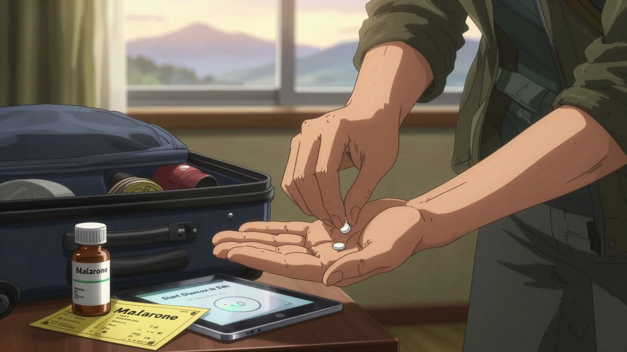 Traveler taking malaria medication at dawn, with pills, certificate, and countdown timer on bedside table.