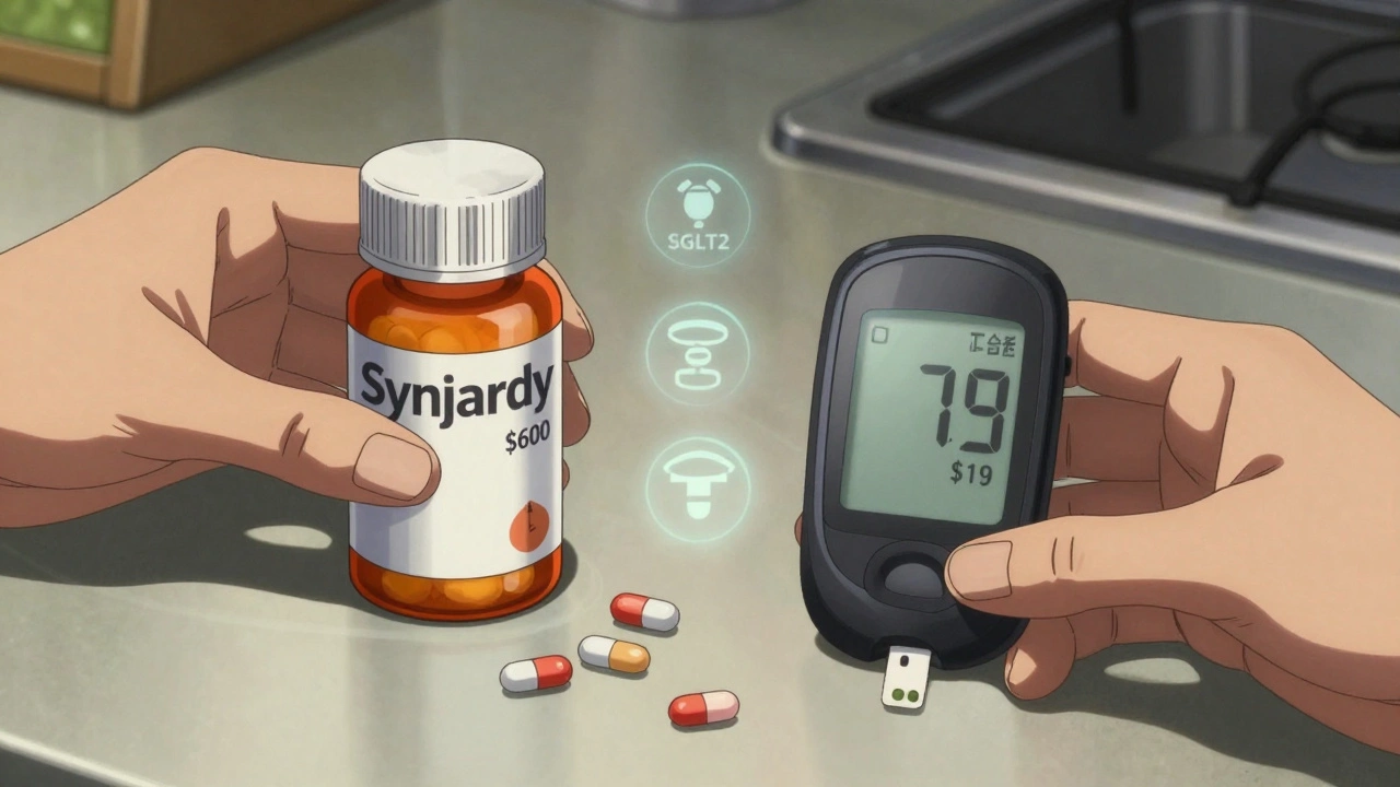 Two pill bottles side by side — expensive brand-name vs. cheap generic — with a glucose monitor showing blood sugar readings on a kitchen counter.