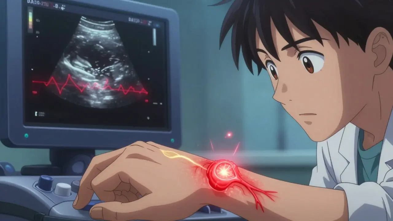 Ultrasound showing inflamed wrist tissue with glowing blood flow signals.