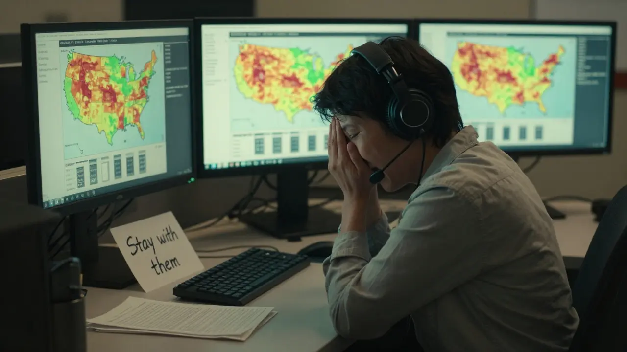 A crisis counselor in a call center, listening intently, monitors glowing behind them.
