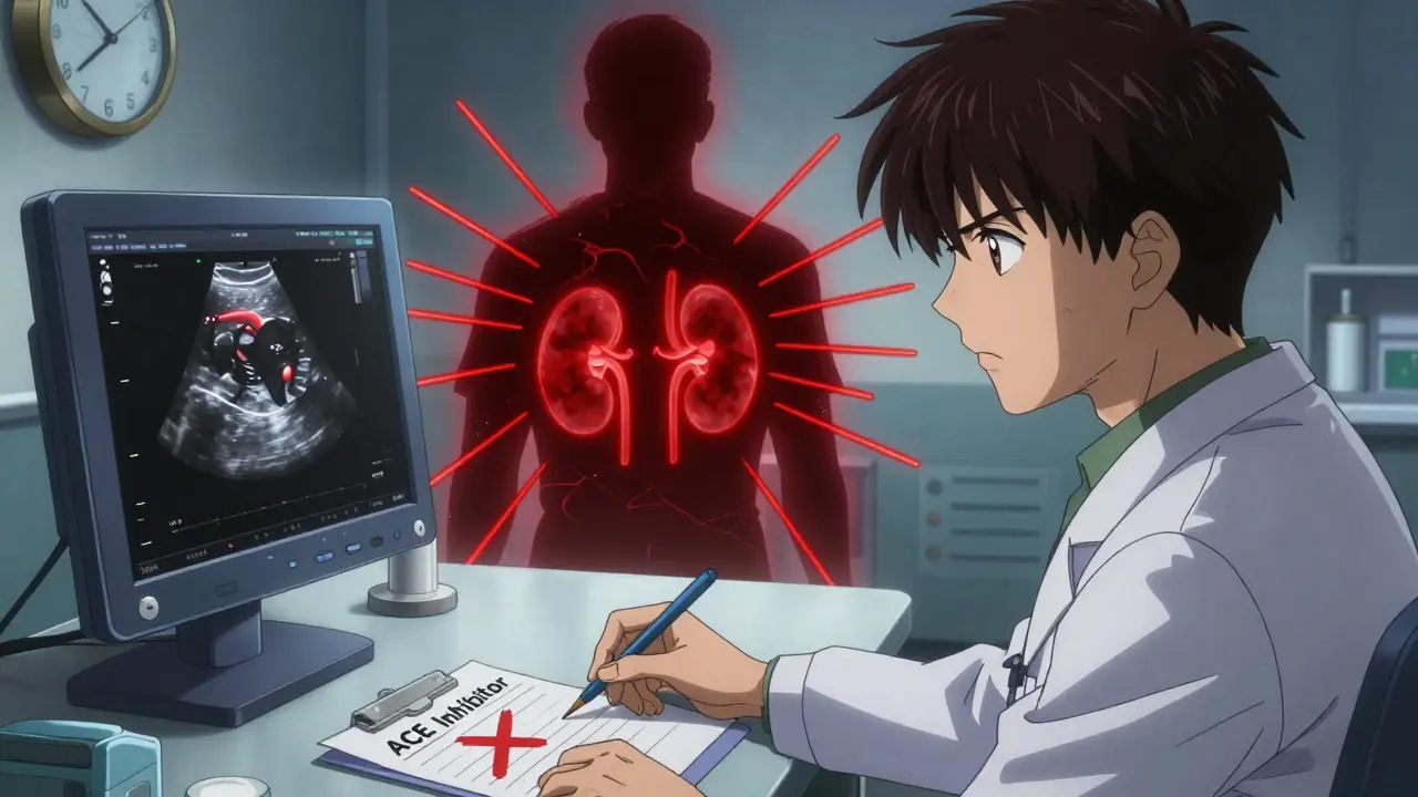 A doctor views an ultrasound showing renal artery stenosis while warning lines glow around a patient's kidneys.