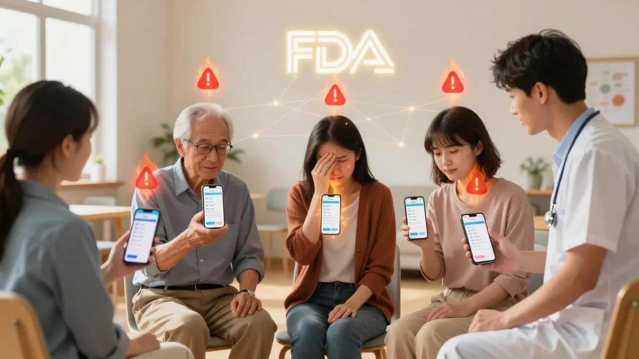 A group of users sharing medication safety alerts on their phones, with glowing warning symbols rising into the air above them.