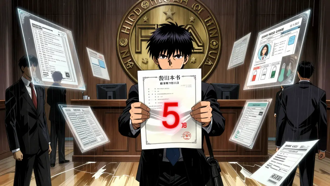 A lawyer presents a patent document in court as a countdown timer and FDA seal loom overhead.