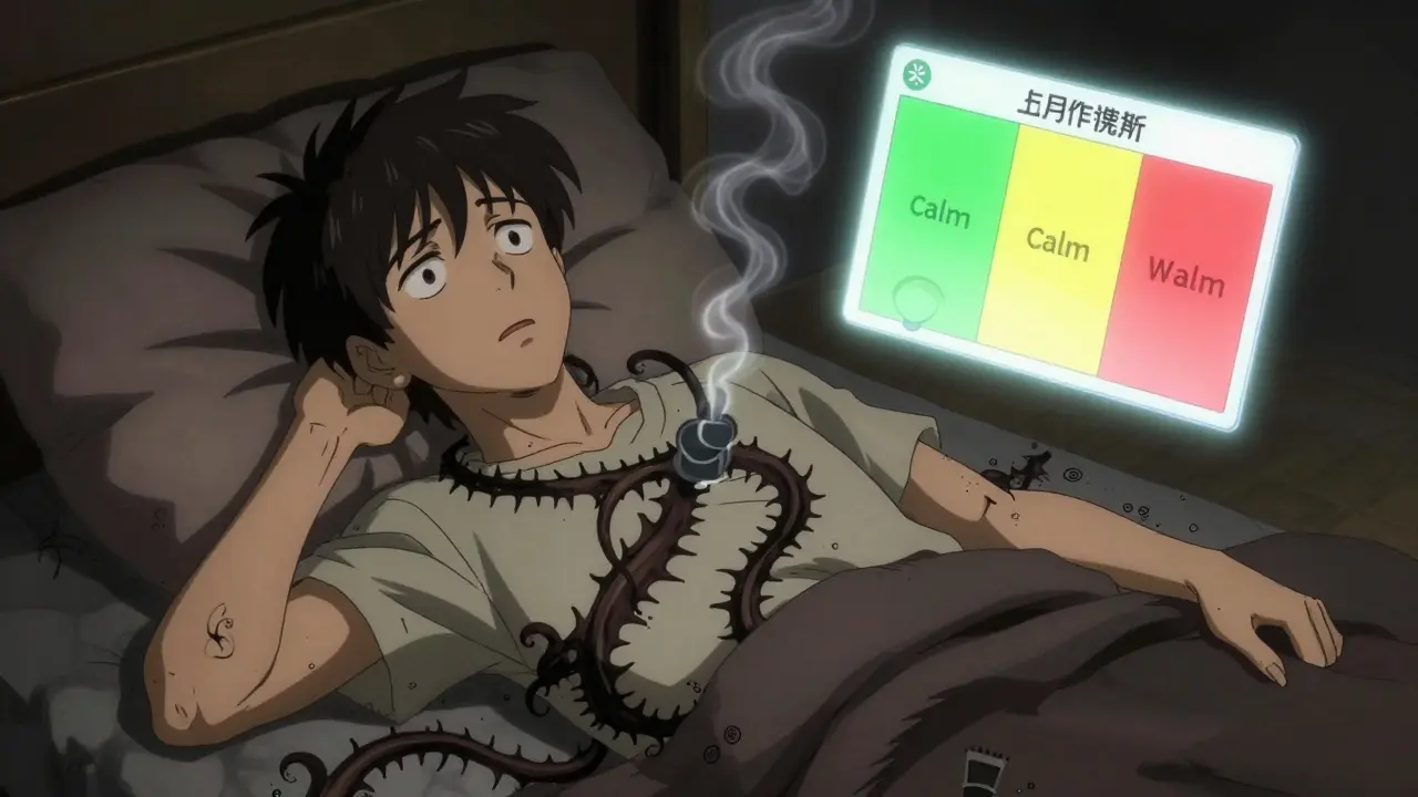 A person at night surrounded by asthma triggers, with a floating action plan showing zones.