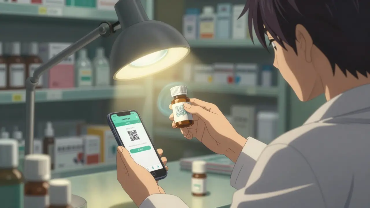 A pharmacist checks a pill bottle with a smartphone app, verifying its authenticity under a magnifying lamp.