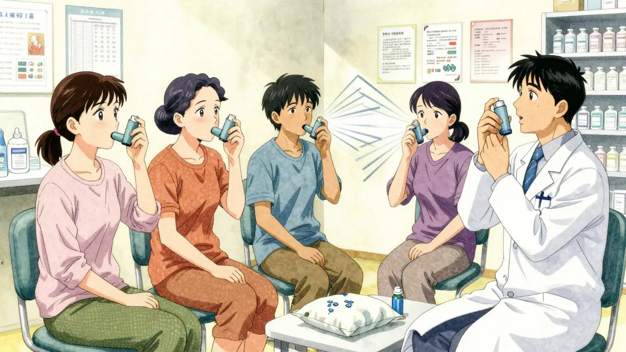 A pharmacist demonstrating proper inhaler technique to patients in a pharmacy.