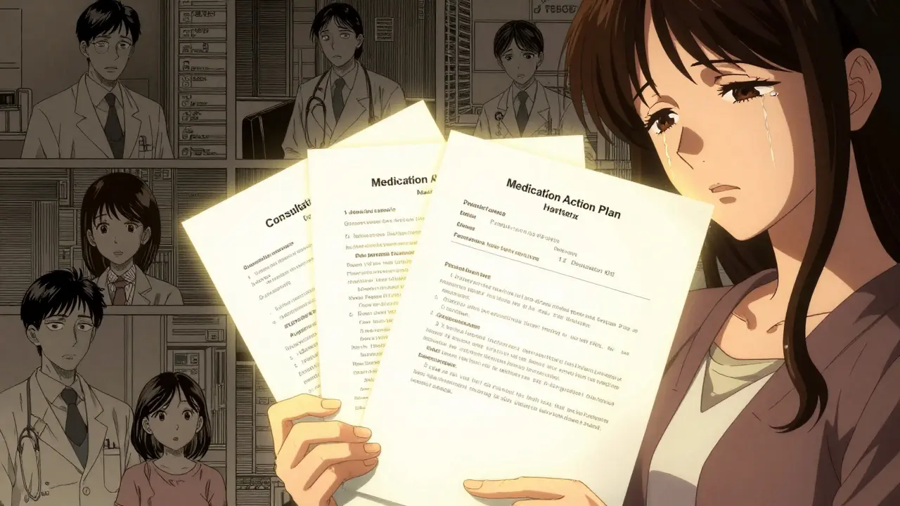 A senior holding official medication documents with glowing light, surrounded by images of healthcare providers and family.