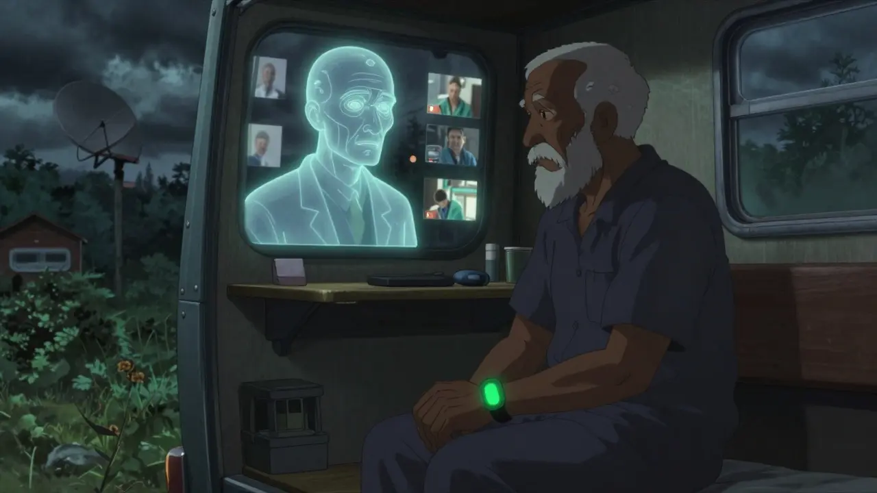 A trembling rural patient with a wearable sensor, surrounded by fading memories of human and digital care.