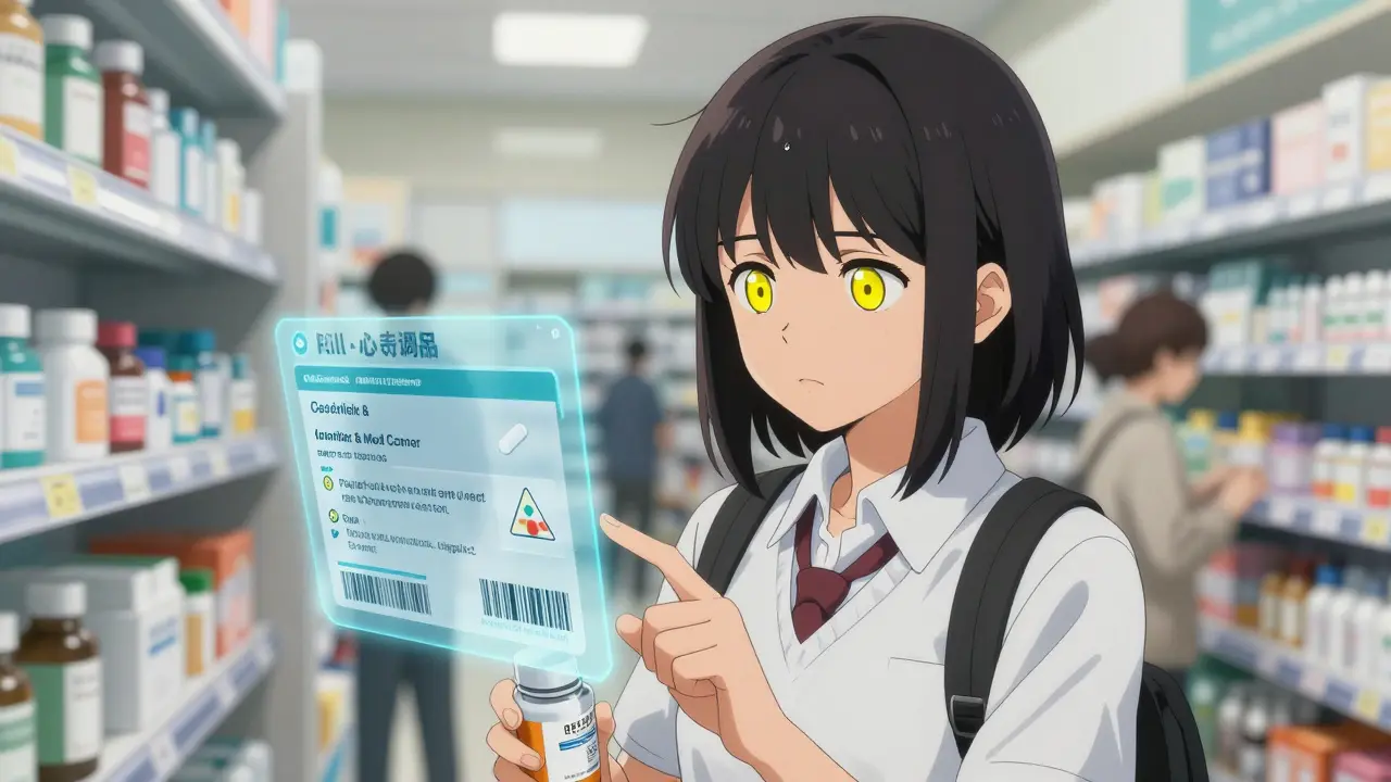 A young woman scanning a pill bottle in a pharmacy, with a digital alert overlay revealing dangerous drug interactions.