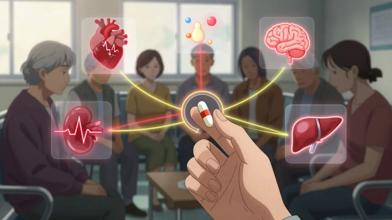 Aging HIV patients in a clinic surrounded by floating symbols of their conditions connected by interaction lines to their meds, with one choosing a safer antiviral option.