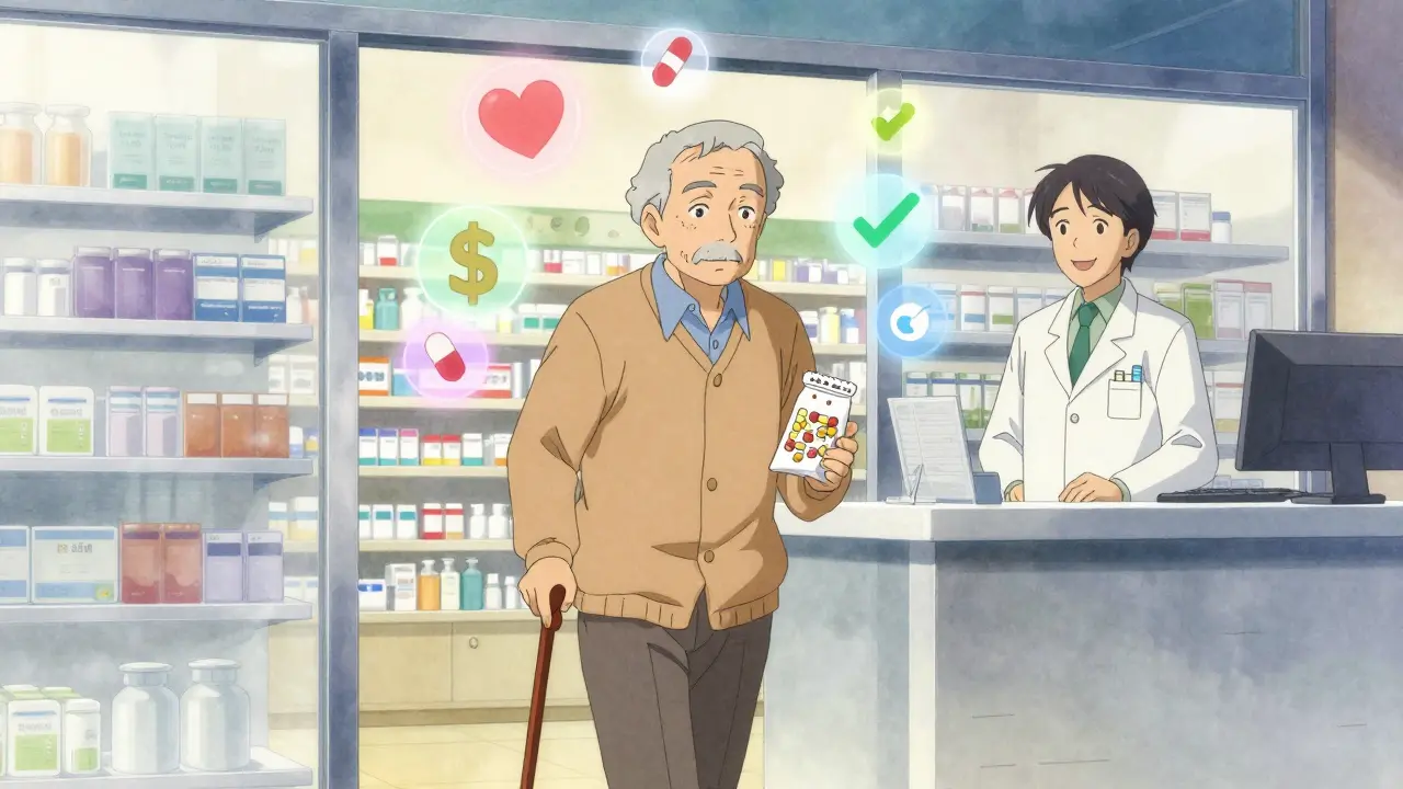 An older adult entering a pharmacy as a pharmacist greets them, with symbolic icons floating around them.