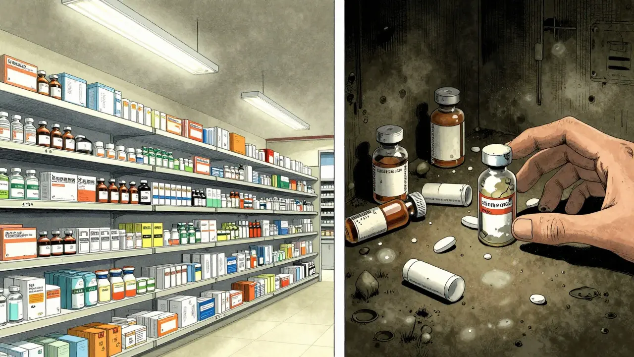 Contrast between pristine pharmacy shelf and degraded meds in damp basement.