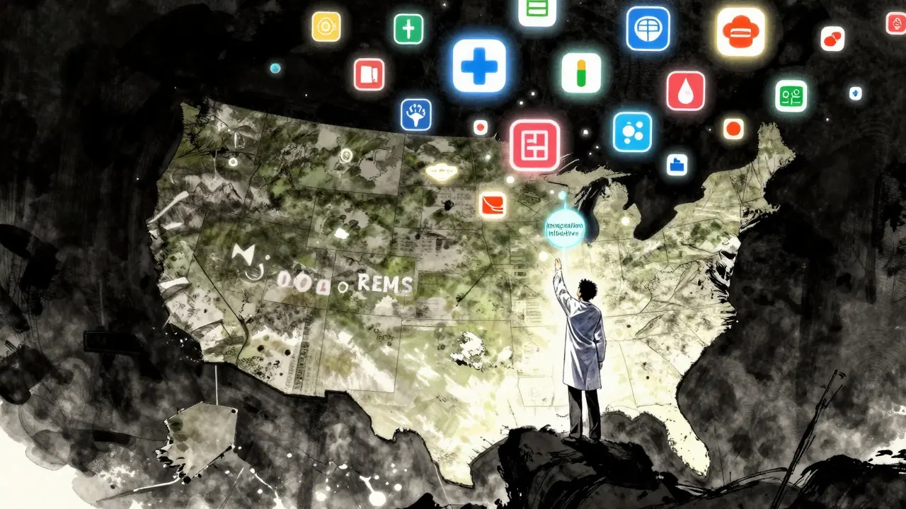 Digital REMS Dashboard with 78 programs above a rural U.S. map, one fading as integration begins.